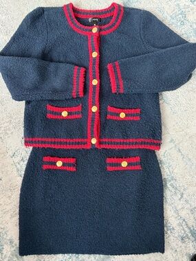 Aqua Navy Knit Skirt with Red Stripes